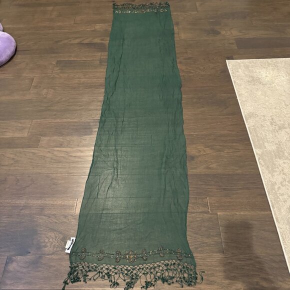 Sue Wong 100% Silk Scarf Dress Green Gold Sheer Shawl Hand Beaded Jewel Large #2 - Picture 8 of 14
